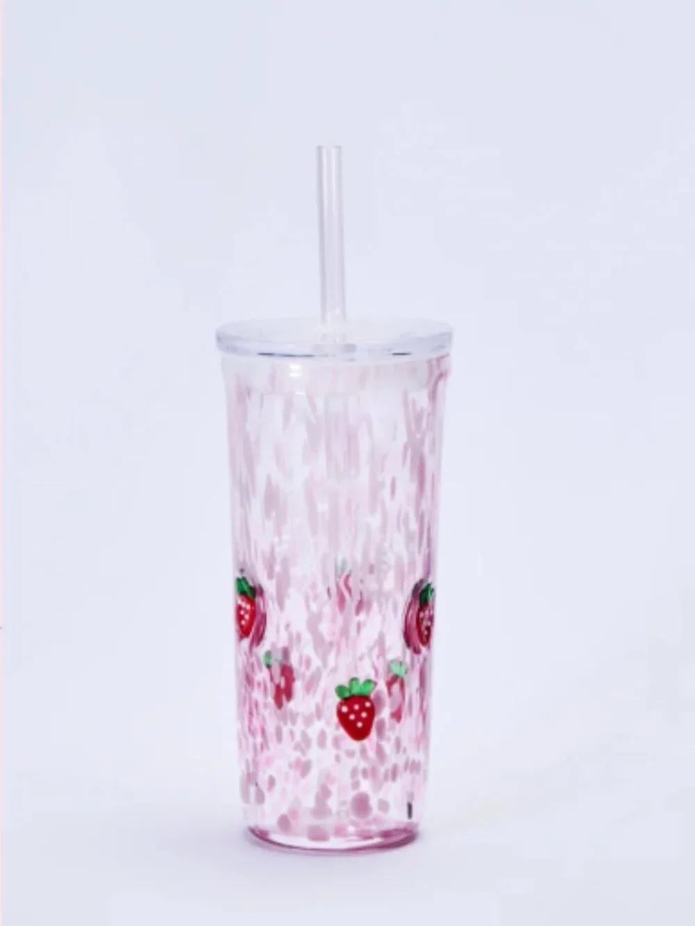 Starbucks Pink Straw Glass 16 Oz Tumbler Strawberry Accents